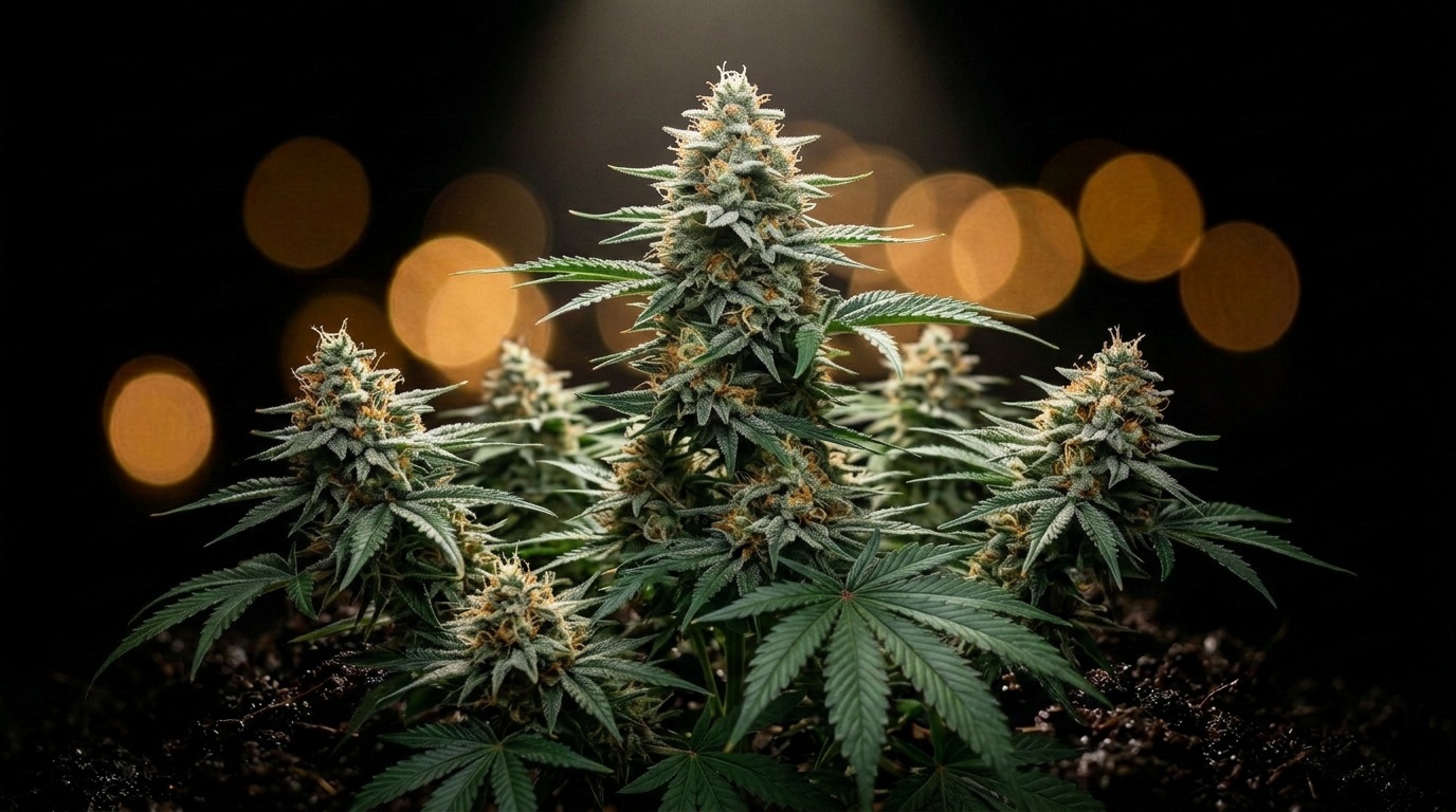 Ausgewachsene CBD-Cannabispflanze mit dichten Blüten im Spotlight vor goldenem Bokeh