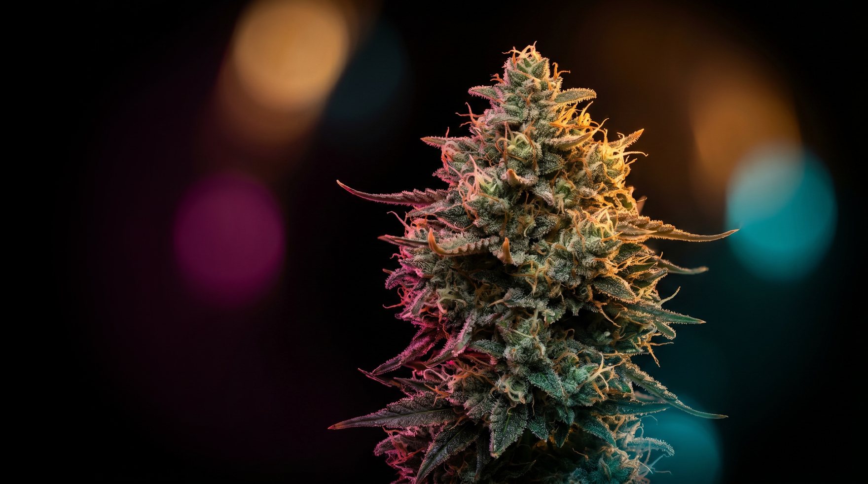 Premium CBD Cannabis Blüte mit dramatischem Rim-Licht und farbigem Bokeh
